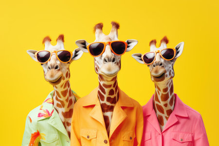 Creative animal concept. A giraffe in a group, bright fashionable outfits highlighted on a monochrome background of advertising, an invitation to a birthday partyの素材