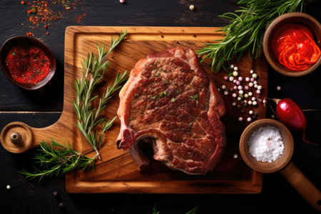 Raw meat steak with rosemary on a cutting board, top viewの素材