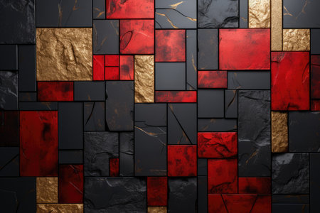 Background of black, gold and red stone slabs, space for textの素材