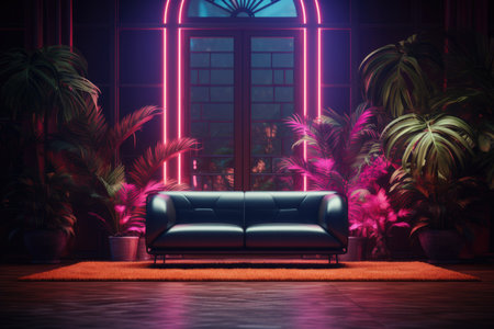Interior of a room with a sofa and neon lightingの素材