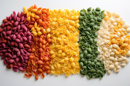 Different types of colored pasta isolated on a white backgroundの素材