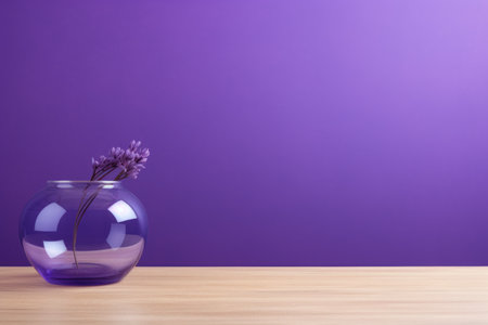 On the table there is a transparent round vase with dried flowers, a purple background, a place for textの素材