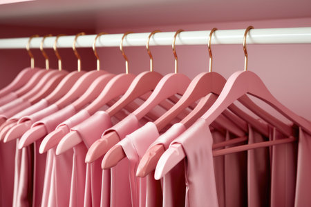 Pink clothes hang on hangers in the closetの素材