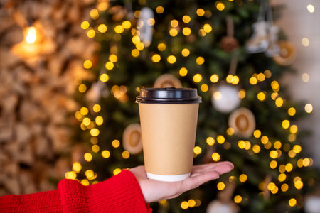 A disposable cup with a lid stands on a woman's hand near the Christmas treeの写真素材