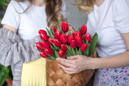 Red kung fu tulips with green leaves in a wooden basket are held by girls in their handsの写真素材