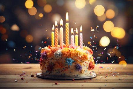 Birthday cake with cream and candles on the background of bokeh lightsの素材