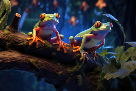 Two tree frogs are sitting on a tree on a dark backgroundの素材