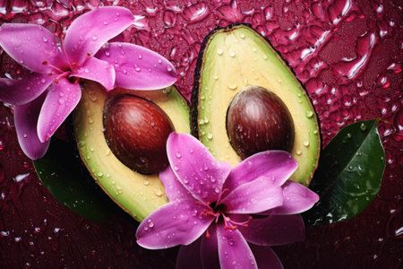 Fresh juicy avocado halves with pits and flowers painted pink with water dropletsの素材