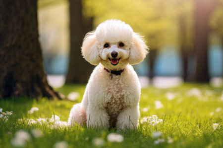 A dog of the white dwarf poodle breed is sitting in the park on the grassの素材