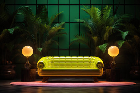A yellow sofa with neon lighting stands in a room with tropical plantsの素材
