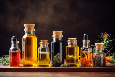 Essential oil in a bottle with fresh green hemp and various herbsの素材
