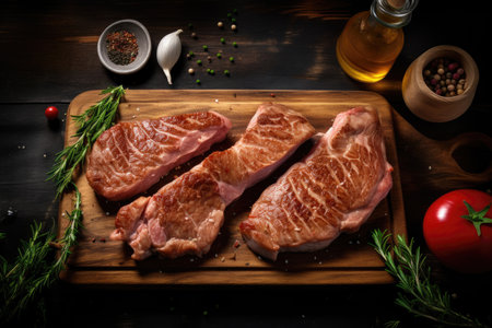 Raw meat steak with rosemary on a cutting board, top viewの素材