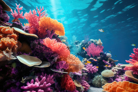 A bright underwater world with coral reefs and fishの素材