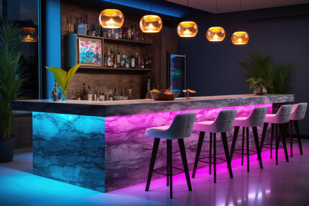 Modern kitchen with a bar counter and neon lighting with high chairsの素材