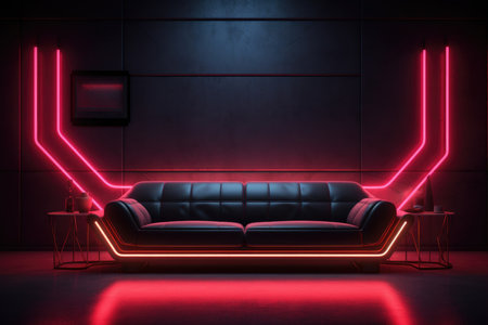 Modern interior of the living room with a sofa and red neon lightingの素材