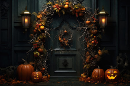 Front door decor with autumn flowers and pumpkins, Halloweenの素材