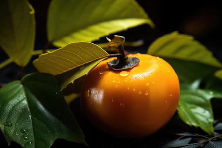 Ripe persimmon with foliage and drops of waterの素材