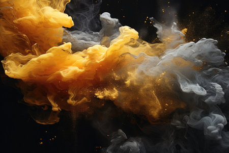 Abstract colorful background, streaks of gold and gray paint on a black backgroundの素材