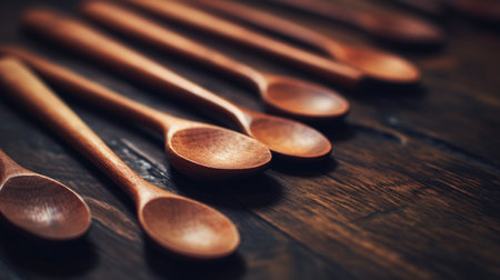 A set of wooden spoons on the tableの素材