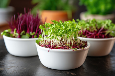 Micro-greenery in vases, front view. Red beet seedlings in potted compostの素材