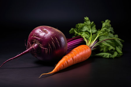 Red beets and young carrots with drops of water and green leaves from the gardenの素材