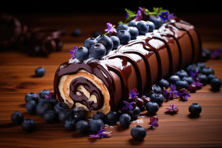 Chocolate roll decorated with blueberries and mintの素材