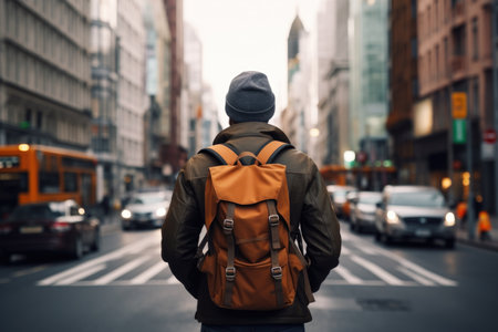 Tourist with a backpack and a hat in the city, rear viewの素材