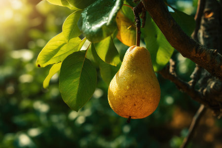 A ripe pear growing on a tree with raindropsの素材