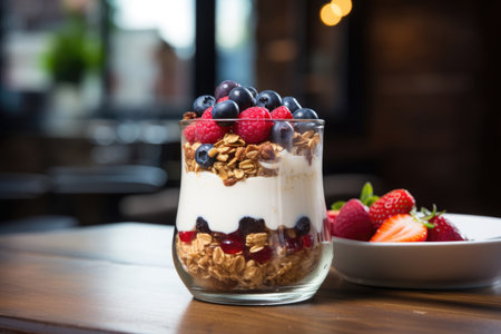 Granola with yogurt and berries in a glass on the tableの素材