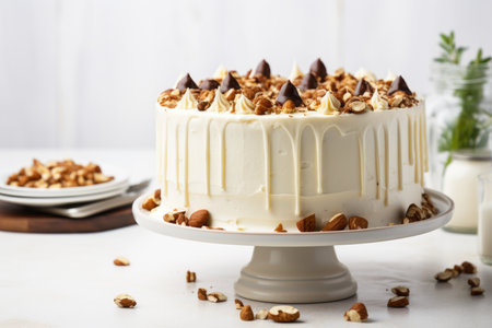 Layered vanilla cake with nuts and icingの素材