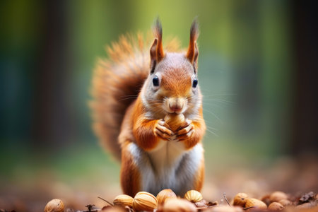 European squirrel close-up eating nuts in the forestの素材