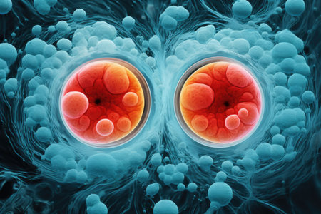 Cell division during mitosis magnified under a microscopeの素材