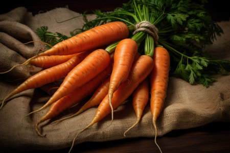 A bunch of fresh carrots is lying on the burlapの素材