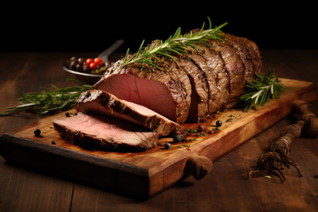 Roast beef is cut into portions, spread on a wooden board with rosemaryの素材