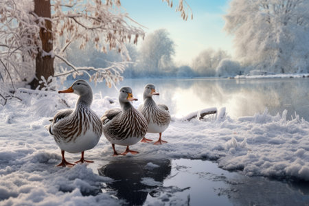 Gray ducks stand in the snow near the pond in winterの素材