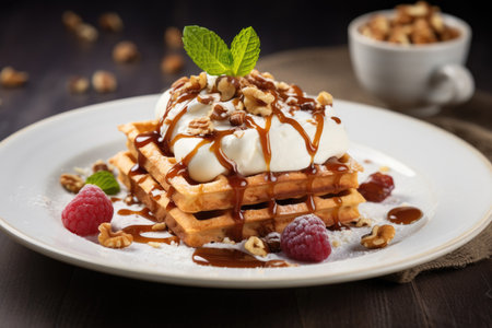 Belgian waffles with cream, honey and nuts on a plateの素材