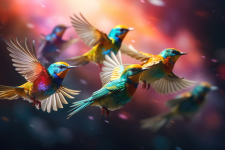 A group of colorful parrots are flyingの素材