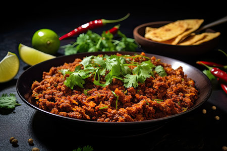 Fried traditional ground beef kim fry with parsley, North Indian Pakistani cuisineの素材