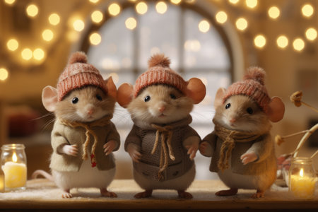 Three cute hamsters in hats with Christmas balls, 3D animation, Christmas cardの素材
