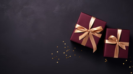 Burgundy gift box with pink satin ribbon on a dark background. Top view of a birthday gift with a place to copy for a holiday or Christmas giftの素材