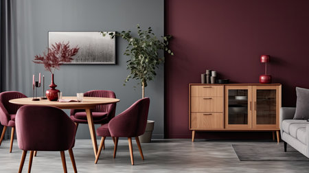 Living room interior with green wall and burgundy sofa, dining tableの素材