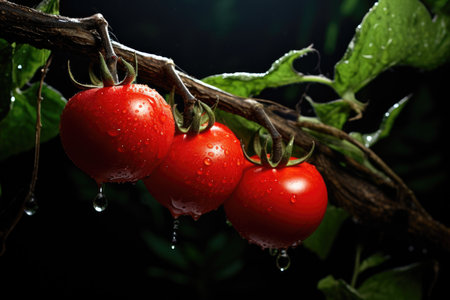 Ripe red tomato on a branch in a greenhouse, harvestingの素材