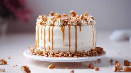 Layered vanilla cake with nuts and icingの素材