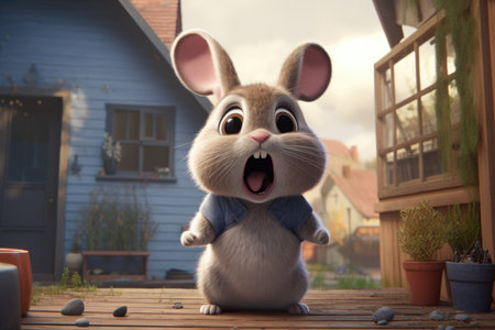 The surprised cartoon hare is standing on the street near the house with his mouth openの素材