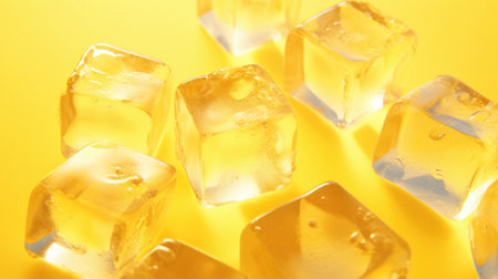Ice cubes on a yellow background, copy spaceの素材