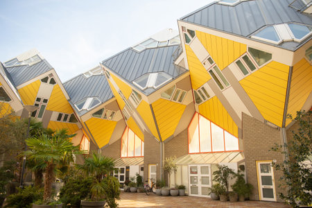 Netherlands, Rotterdam, October 2022. Cubic apartment buildings in Rotterdam, courtyard in sunny weather, without peopleのeditorial素材