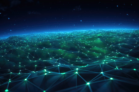 The blue and green lines of the network form a futuristic background, bright dots are connected by linesの素材
