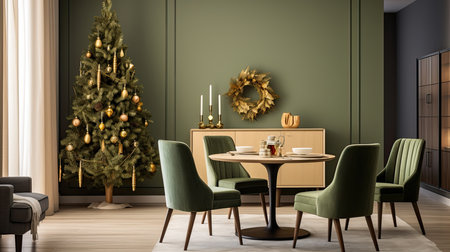 Living room interior with dining table and Christmas tree, Christmas dinnerの素材
