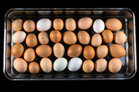 Glass tray with chicken eggs top viewの素材