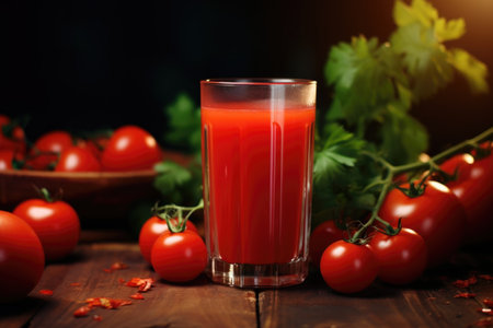 A glass of tomato juice is on the table, branches with cherry tomatoesの素材